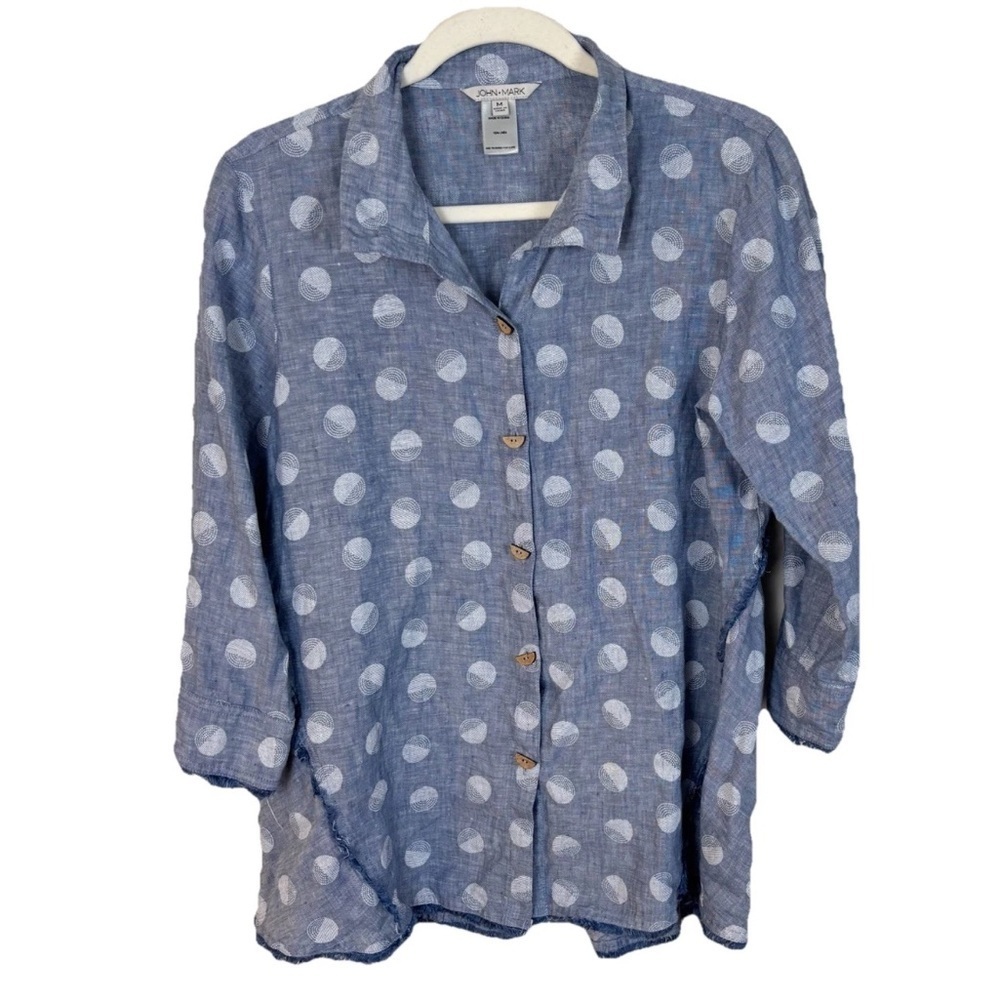 John Mark Linen Blouse Women’s Sz M Button Down Polka Dot Frayed Hem 3/4 Sleeve